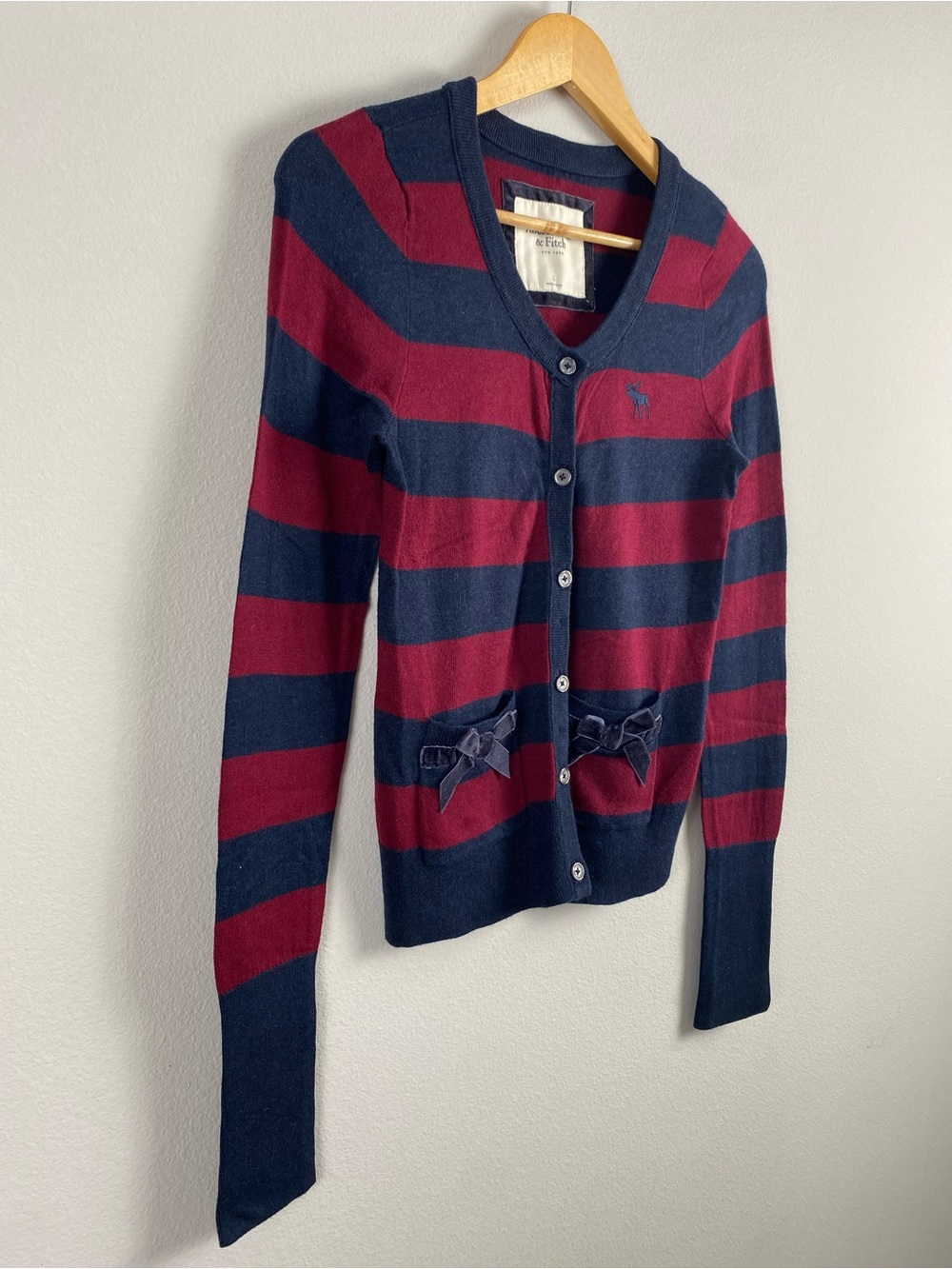 Abercrombie & Fitch Y2K Striped Bow Detail Long Sleeve Cardigan | Burgundy/Navy - Picture 7 of 16